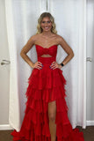 Keyhole Hot Pink Chiffon Ruffle A-line Long Party HZ0307