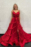 Straps Green Ruffles V neck Long Prom HZ0307
