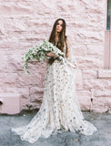Lovely Starry V-neck Tulle Prom Dresses Long Sleeves Celebrity HZ0307