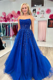Strapless Light Blue Lace Appliques Long Formal HZ0307