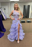 One Shoulder Blush Pink Tiered Ruffle Long Formal HZ0307