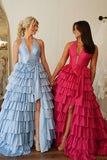 Halter Light Blue Satin Ruffle Long Formal HZ0307