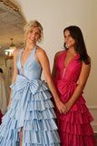 Halter Light Blue Satin Ruffle Long Formal HZ0307