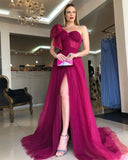 Fuchsia Tulle A-Line Sweetheart Long Prom HZ0307