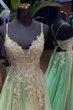 Straps Sage Green Lace Appliques Tulle Long Prom HZ0307
