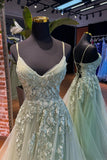Straps Sage Green Appliques Tulle Long Formal HZ0307