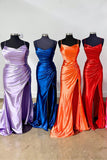 Straps Pink Ruched Satin Fitted Long Prom HZ0307