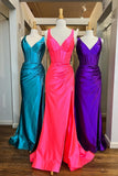 V Neck Blue Satin Mermaid Long Formal HZ0307