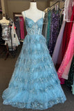 Straps Blue Sequin Tulle Ruffles Formal HZ0307