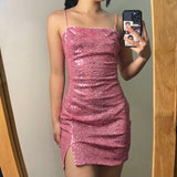 LTP1844,Pink Sequined Spaghetti Straps Homecoming Dress Mini Party HZ0307