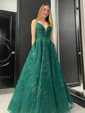 LTP1187,A Line V Neck Green Lace Tulle Prom Dresses,Green Lace Formal Graduation HZ0307