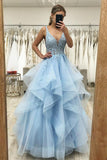 LTP1053,Blue tulle lace long prom dress A line formal HZ0307
