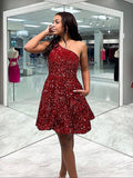 LTP1477,One Shoulder Homecoming Dresses,Burgundy A-Line Hoco HZ0307