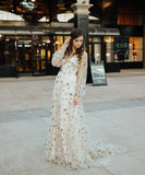 Lovely Starry V-neck Tulle Prom Dresses Long Sleeves Celebrity HZ0307