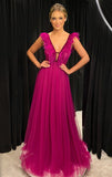 LTP1222,Elegant Hot Pink Feather Prom Dresses,Deep V-Neck Tulle Evening HZ0307