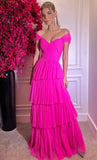 LTP1722,Hot Pink Off The Shoulder Ruffles Prom Dresses, Long Evening Formal HZ0307