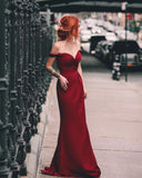 LTP0874,Cheap off the shoulder burgundy sheath long prom dress satin evening HZ0307