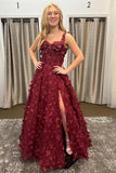 Burgundy 3D Flowers A-line Long Formal HZ0307