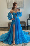 Blue A-Line Chiffon Pleated Split Long Party Prom HZ0307