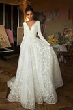 Ivory V-Neck Lace Skirt Long Sleeves Wedding Dresses, A-Line Bridal HZ0307