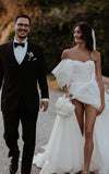Women Puff Off One Shoulder Chiffon Pleated High Split White Wedding Dresses, Sweetheart Bridal Gown Custom HZ0307