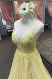 Straps Yellow Lace Appliques A-line Long Formal HZ0307