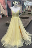 Straps Yellow Lace Appliques A-line Long Formal HZ0307