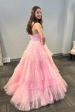 One Shoulder Pink Ruffles A-line Long Formal HZ0307