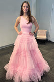 One Shoulder Pink Ruffles A-line Long Formal HZ0307