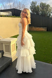 Strapless White Ruched Pleated Ruffle Party HZ0307