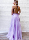 LTP0903,Long Prom Dress with Slit,Purple Formal Dress,Lilac Evening Dress,Lace Dance Dresses,Tulle Graduation School Party HZ0307