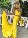 Yellow Satin Two Piece Long Train Prom HZ0307